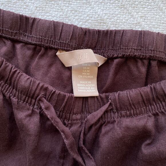 H&M 100% Linen Wide Leg Pant Brown Oversized Relaxed Fit Drawstring Waist Medium - Picture 6 of 9